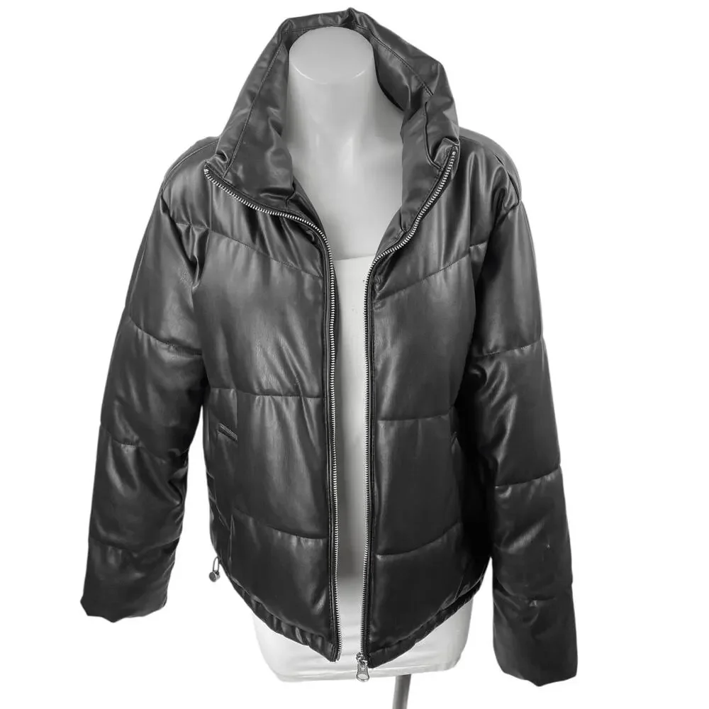 H&M Divided Black Faux Vegan Leather Full Zip Long Sleeve Puffer Coat Jacket S